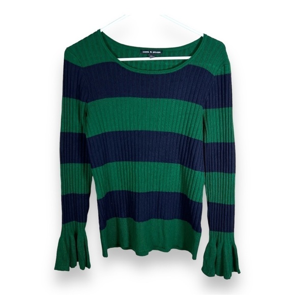 SMALL CABLE AND GAUGE GREEN BLUE STRIPED COLORBLOCK KNIT SWEATER BELL SLEEVE - Picture 1 of 9